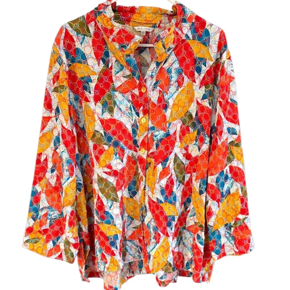 EUC John Mark Embroidered Button Front Wired Collar Top Size 3X
